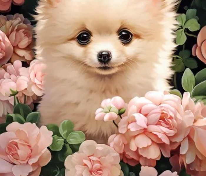 Puzzle - Castorland - Cățeluș Pomeranian printre trandafiri