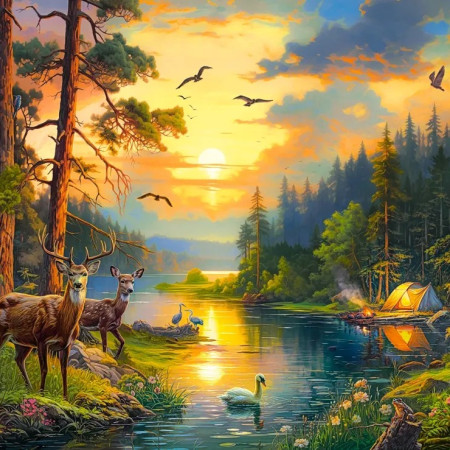 Apus de soare deasupra râului din pădure