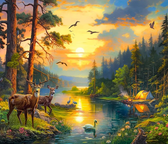 Puzzle - Castorland - Apus de soare deasupra râului din pădure