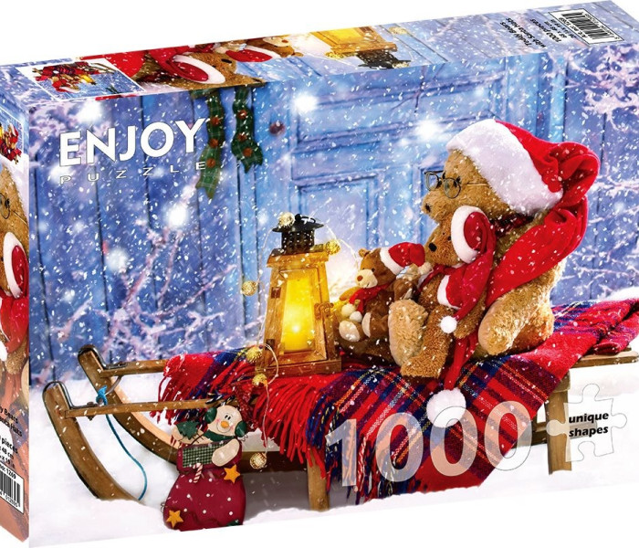 Puzzle - Enjoy - Ursuleți de pluș cu căciulițe de Moș Crăciun