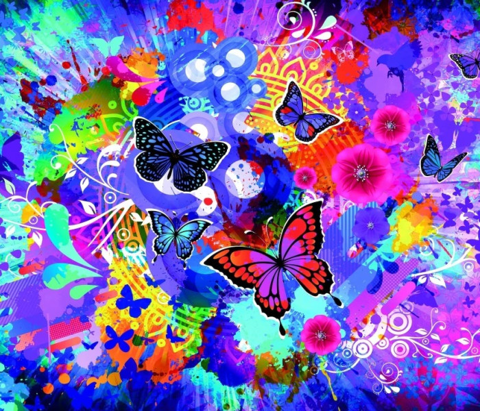 Puzzle - Grafika - Fluturi colorați și flori